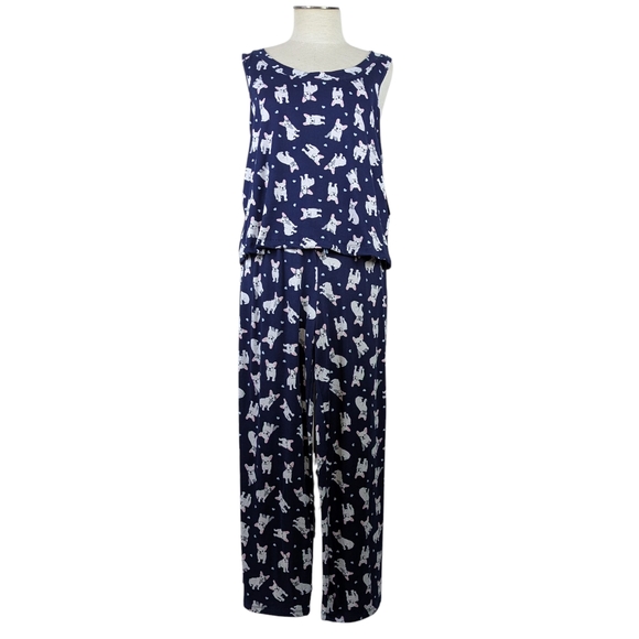 Pillow Talk Frenchies Hearts Print PJ Set Tank Top Crop Pants Navy White L NWT - Picture 1 of 11